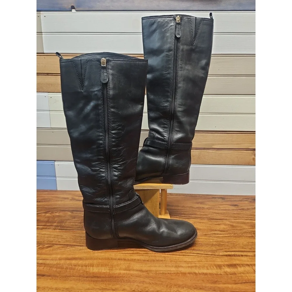 Tory Burch High Heel Tall Knee Riding Boots Black Leather Gold Hardware Size 10M